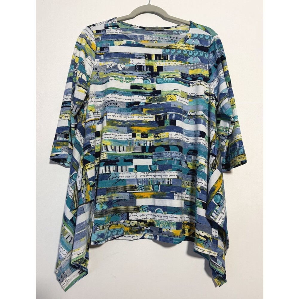 Chalet Et Ceci Top Womens Medium 3/4 Sleeve Blue Green Asymetrical Blouse